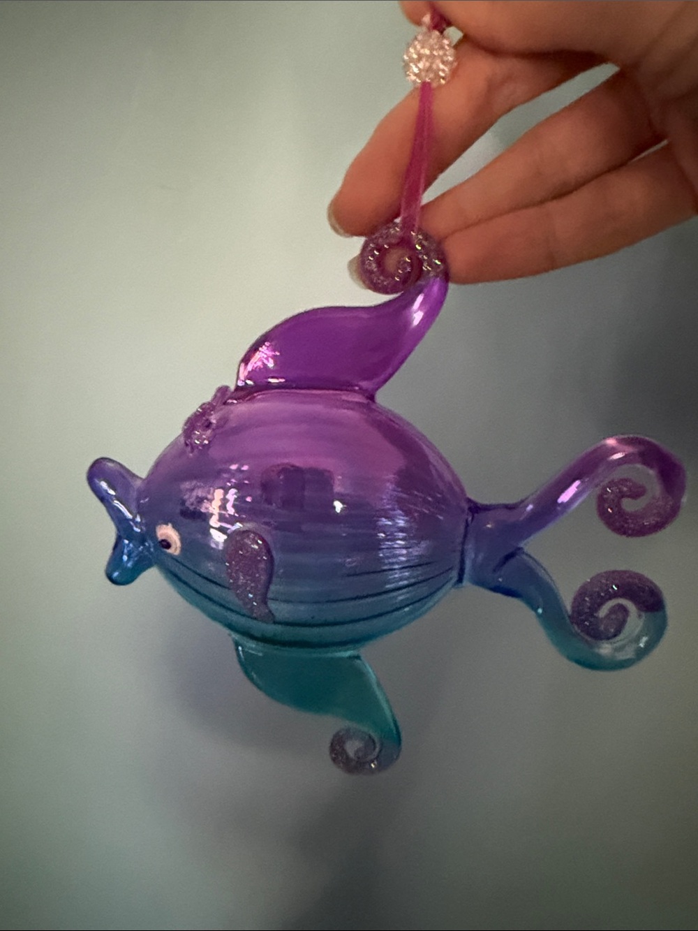 Pier 1 Purple and Teal Blown Glass Fish Ornament